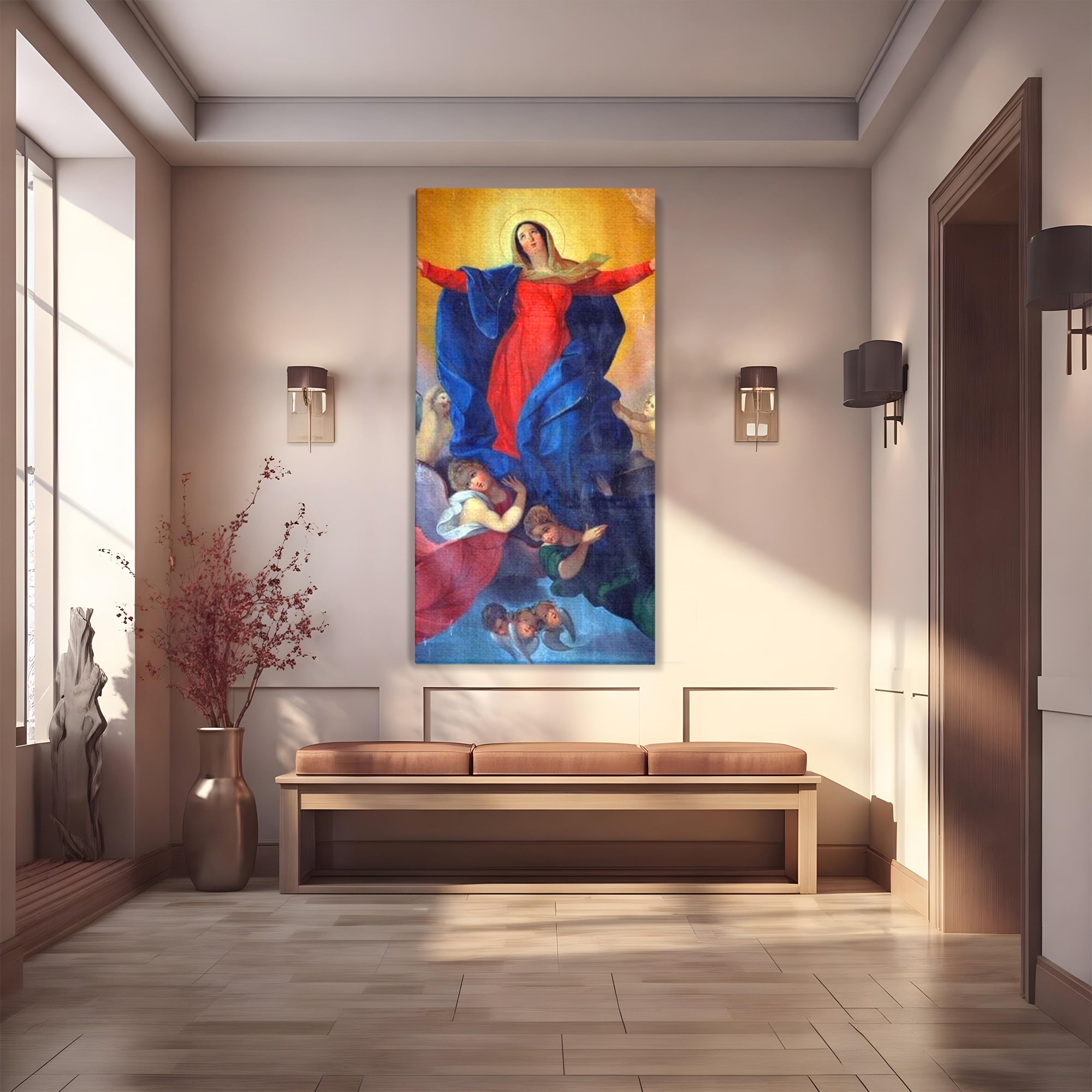 Tablou canvas cu tablou canvas cu fecioara si ingeri, fara rama, pe sasiu de lemn